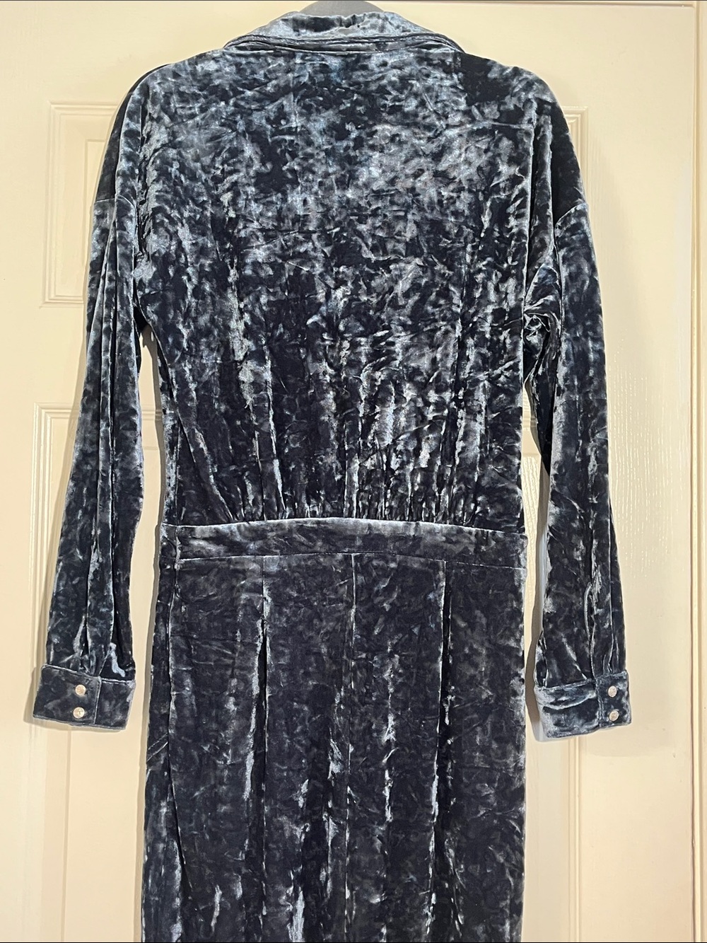 JLUXLABEL Blue Crushed Velvet Maxi Dress Wrap Deep V-Neck High Slit Size Medium - Picture 7 of 12